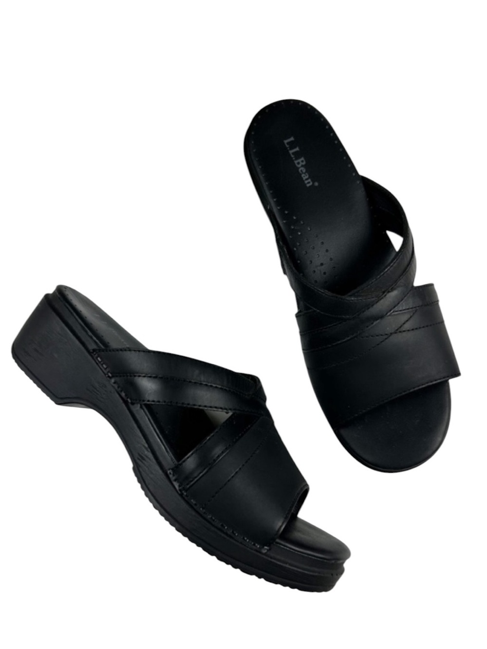 L.L. Bean Black Leather Cross-Strap Slide Mules Size 40 / US 9